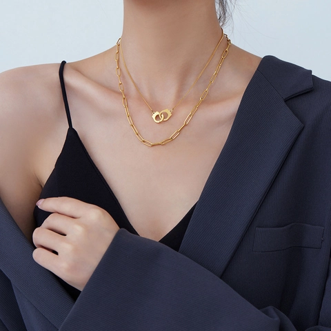 Stainless Steel Gold Plated Double Layer Necklace For Women Handcuff Pendant Paperclip Chain Punk Fashion Jewelry Neck Accessory
