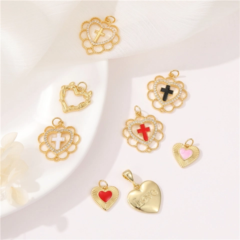 Koperen Hart Kruis Hanger Strass Ingelegd Emaille Love Charms Voor Sieraden Maken Oorbel Ketting Accessoire Dames Cadeau
