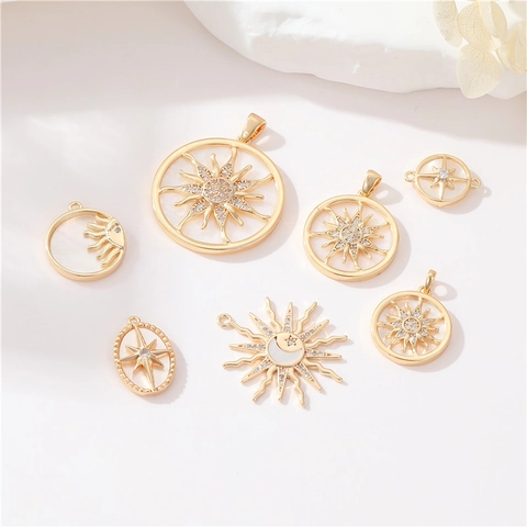 Gold Plated Copper Celestial Pendant Charm Sun Moon Star Motif White Shell Zirconia Inlay DIY Jewelry Making Findings Necklace Accessories Women