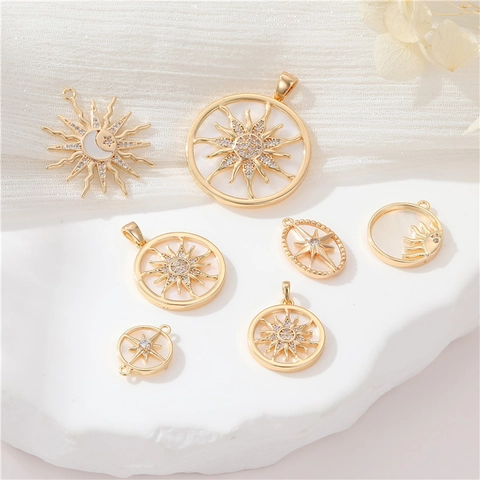 Gold Plated Copper Celestial Pendant Charm Sun Moon Star Motif White Shell Zirconia Inlay DIY Jewelry Making Findings Necklace Accessories Women