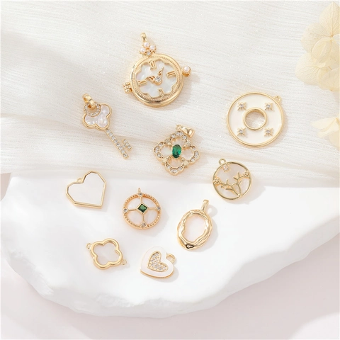 14K Gold Plated Copper Mother Of Artificial Pearl Pendants For DIY Jewelry Making Heart Clover Key Clock Round Zirconia Accessories