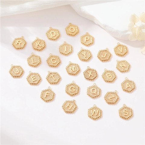 Vintage Copper Hexagon Alphabet Pendant Gold Plated Initial Letter A-Z Charm For DIY Necklace Bracelet Jewelry Making Women