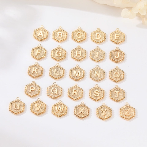 Vintage Copper Hexagon Alphabet Pendant Gold Plated Initial Letter A-Z Charm For DIY Necklace Bracelet Jewelry Making Women