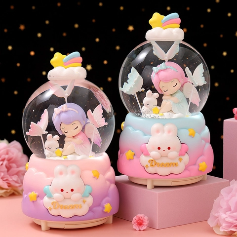 Caja de Música Luminosa Bola de Cristal Globo de Nieve Con Nevada Automática y Luces Resina Vidrio Ángel Conejo Regalo Decorativo