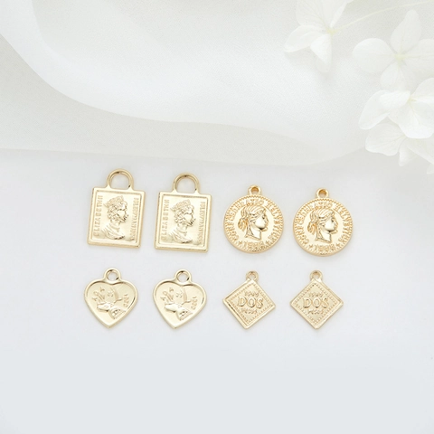 Colgantes de Moneda Vintage Chapados en Oro de 14K para Fabricación de Joyas Retrato de Cabeza de Reina Retro Corazón Cuadrado Fai da Te