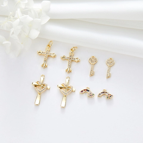 Zirconia Cross Heart Key Rainbow Pendants 14K Gold Plated Copper Charms For Necklace Bracelet DIY Jewelry Making Women