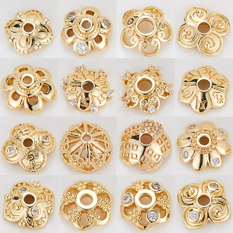 14K Gold Plated Copper Zirconia Flower Bead Caps Hollow Petal Spacers DIY Jewelry Findings Accessories For Bracelets