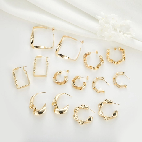 Vintage 14K Gold Plated Brass Geometric C Shaped Hoop Earrings With 925 Sterling Silver Earring Post For Women Fashion Jewelry