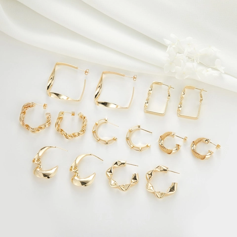 Vintage 14K Gold Plated Brass Geometric C Shaped Hoop Earrings With 925 Sterling Silver Earring Post For Women Fashion Jewelry