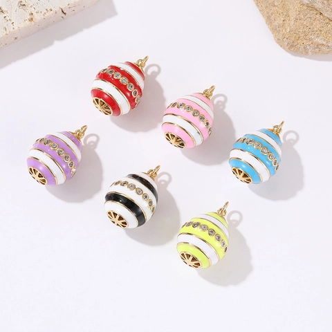 14K Gold Plated Copper Enamel Egg Pendant With Cubic Zirconia Faberge Style Striped Jewelry Making DIY Craft Pendant