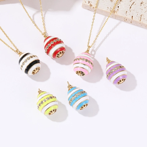 14K Gold Plated Copper Enamel Egg Pendant With Cubic Zirconia Faberge Style Striped Jewelry Making DIY Craft Pendant