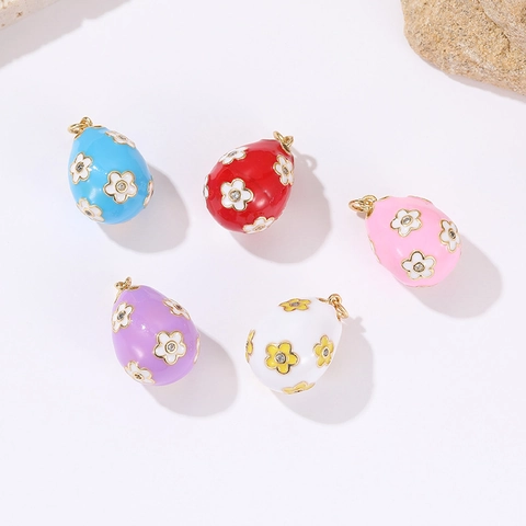 14K Gold Plated Copper Easter Egg Pendant For Women Vintage Enamel Flower Rhinestone Inlaid DIY Jewelry Necklace Making