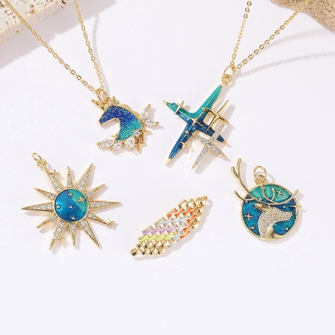 14K Gold Plated Copper Starry Sky Enamel Pendants Zircon Sun Moon Star Elk DIY Jewelry Making Pendant Only Without Chain