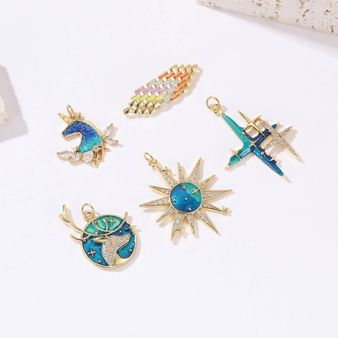 14K Gold Plated Copper Starry Sky Enamel Pendants Zircon Sun Moon Star Elk DIY Jewelry Making Pendant Only Without Chain