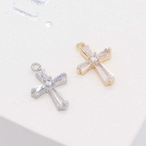14K Gold Plated Copper Cross Pendant With Baguette Cut Zirconia Religious Jewelry DIY Accessories For Women Necklaces