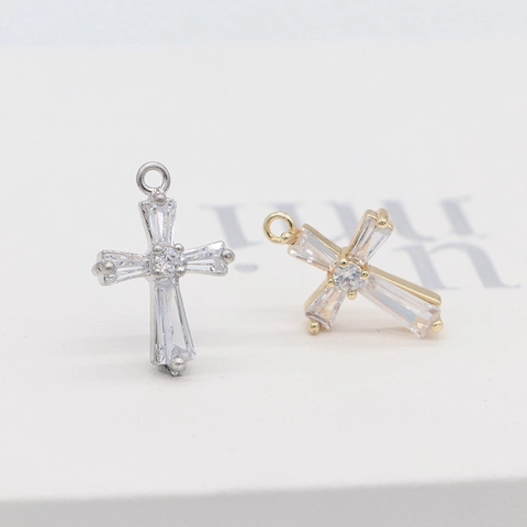 14K Gold Plated Copper Cross Pendant With Baguette Cut Zirconia Religious Jewelry DIY Accessories For Women Necklaces