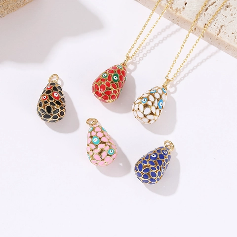 Evil Eye Oval Pendant 14K Gold Plated Copper Enamel Hollow Teardrop Charm For Necklace DIY Jewelry Making Women Accessory