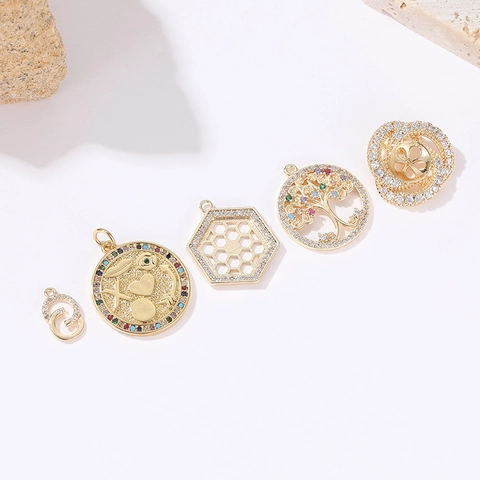 Minimalist Copper 14K Gold Plated Rhinestone Geometric Pendants For DIY Jewelry Making Necklaces Charms Tree Of Life Coin For Women