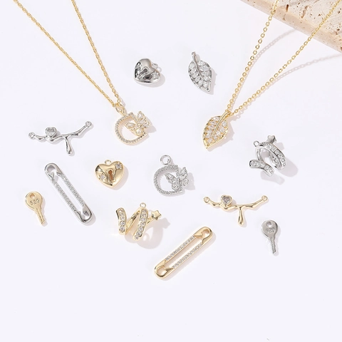DIY Copper Zirconia Heart Lock Key Butterfly Leaf Pendants For Necklace Making Jewelry Findings Gold Silver Plated Charms