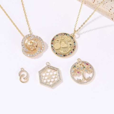 Minimalist Copper 14K Gold Plated Rhinestone Geometric Pendants For DIY Jewelry Making Necklaces Charms Tree Of Life Coin For Women