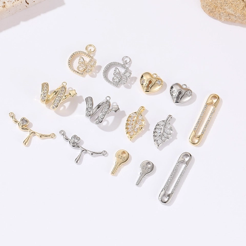 DIY Copper Zirconia Heart Lock Key Butterfly Leaf Pendants For Necklace Making Jewelry Findings Gold Silver Plated Charms