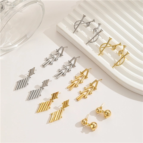 Französisch Vintage Geometrische Kupfer Ohrstecker Mit 925 Sterling Silber Stift 14K Vergoldet Metall Linie Ohrringe Damen Schmuck