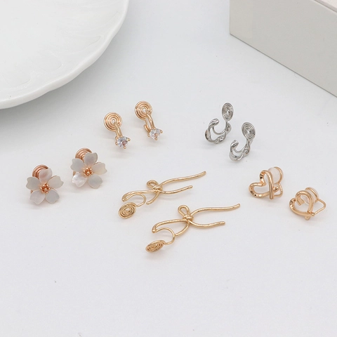 Luxury Copper 14K Gold Plated Painless Spiral Ear Clips Heart Cherry Blossom Zirconia Non Pierced Earrings For Women Jewelry