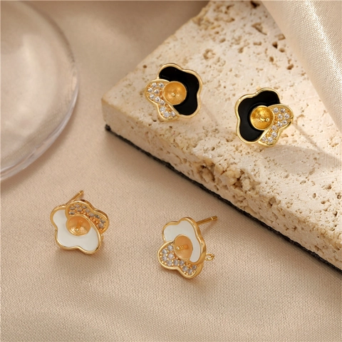 Élégants Composants de Boucles d'Oreilles Clous Fleur en Cuivre Tige en Argent Sterling 925 Strass Émail Support de Perle Bijoux DIY pour Femmes