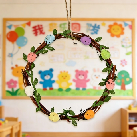 Osterei Rattan Kranz Bunte Gesprenkelte Eier Grüne Blätter Frühling Rebe Kranz Haustür Wandbehang Festival Zuhause Deko Arrangement