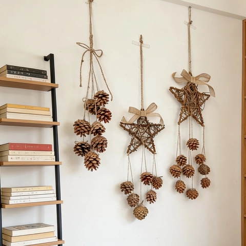 Handmade Natural Pine Cone Vine Star Wall Hanging Rustic Country Nursery Wall Decor For Home Living Room Interior Decoration