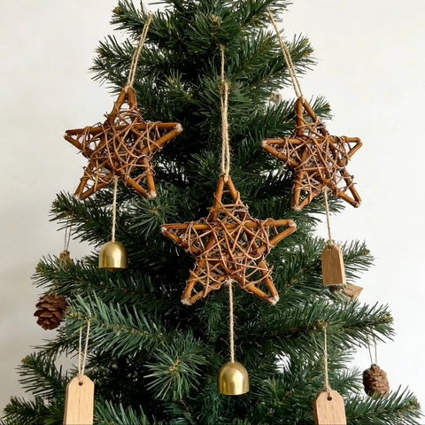 Adorno Colgante de Navidad Estrella de Mimbre Tejida Con Campana de Metal Dorado y Cuerda de Cáñamo para Decoración del Hogar