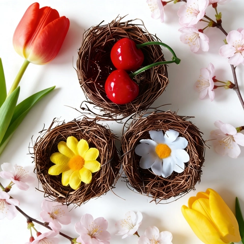 Ostern Gewebtes Rattan Vogelnest Set Künstliche Gänseblümchen Und Kirschen Für Heimparty Dekor Fotografie Requisiten