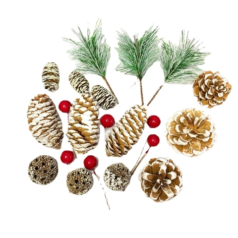 Kit de Decoración Navideña de Bricolaje Piñas de Pino Escarchadas Agujas de Pino Bayas Rojas Piñas de Nieve Hogar