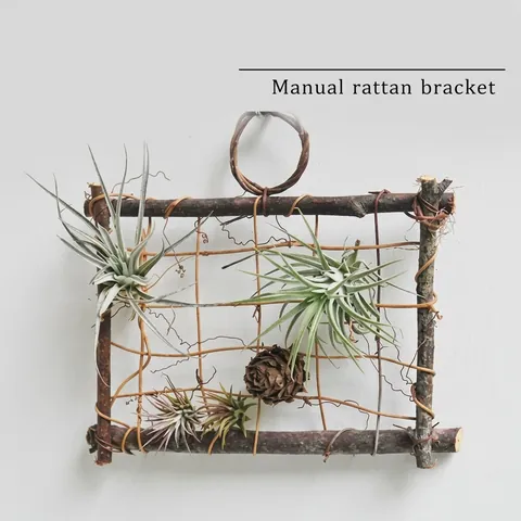 Handgefertigter Natürlicher Rattan Holzast Rahmen Luftpflanzenhalter Hängende Wanddeko Rustikaler Gitter Pflanzenständer Display Requisite
