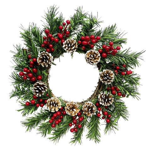 Ghirlanda Natalizia Di Aghi Di Pino Bacche Rosse Artificiali Pigne Innevate Verde Decorazione Per Porta Parete Casa Natale