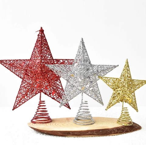 Iron Art Glitter Christmas Tree Topper Star Hollow Pentagram Ornament For Holiday Party Home Decoration Spiral Base