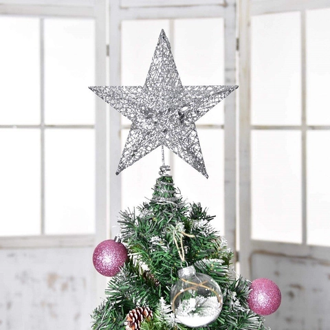 Iron Art Glitter Christmas Tree Topper Star Hollow Pentagram Ornament For Holiday Party Home Decoration Spiral Base
