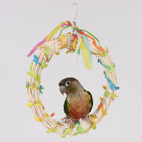 Altalena per Uccelli in Rattan Fatto a Mano Con Gancio in Metallo Strisce di Carta Colorate Anello da Arrampicata per Pappagalli Accessori Gabbia