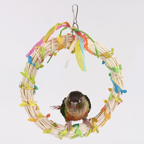 Altalena per Uccelli in Rattan Fatto a Mano Con Gancio in Metallo Strisce di Carta Colorate Anello da Arrampicata per Pappagalli Accessori Gabbia
