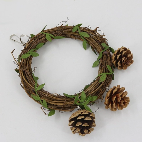 Natural Vine Bird Toy Wreath With Green Leaves And Pinecones Parrot Swing Perch For Small Medium Birds Home Decoration