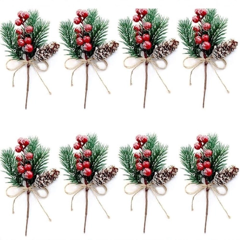 Artificial Christmas Pine Branch With Red Berries Natural Pine Cone Snow Simulation Greenery For Festive Home Decoration
