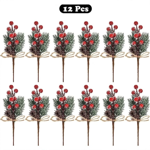 Picchi di Bacche di Natale in Plastica Schiuma Legno Carta Con Aghi di Pino Pigne Fiocco di Juta Spray di Neve Rami Decorativi
