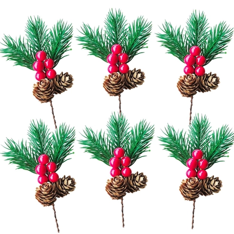Kunstmatige Kerst Dennennaald Takken Met Rode Bessen En Dennenappels Voor DIY Cadeauverpakking Feestelijke Huisdecoratie