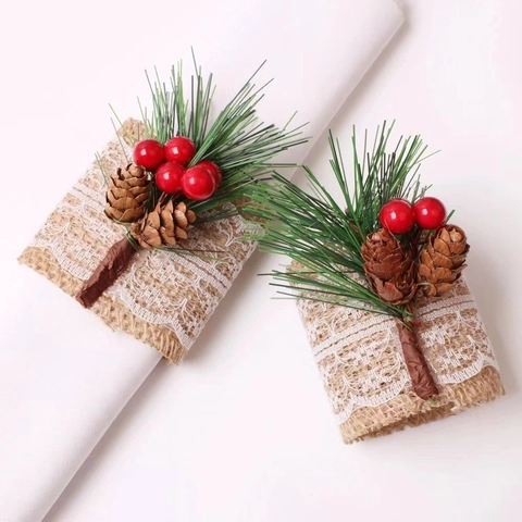 Christmas Burlap Lace Napkin Rings With Faux Pine Needles Pinecones Red Berries For Holiday Party Rustic Table Decor