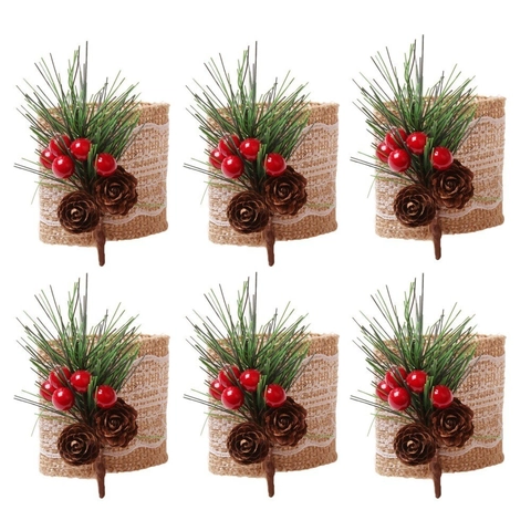 Christmas Burlap Lace Napkin Rings With Faux Pine Needles Pinecones Red Berries For Holiday Party Rustic Table Decor