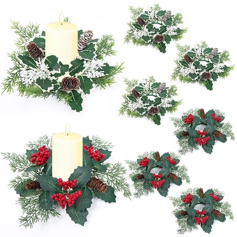 Couronne Anneau de Bougie de Noël Simulation Aiguilles de Pin Pomme de Pin Baies Centre de Table Décoration pour Fête Noël Maison