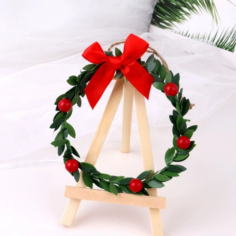Mini Coronas de Navidad de Plástico Con Hojas Verdes Lazo de Satén Rojo Bayas para Decoración de Árbol de Navidad Hogar
