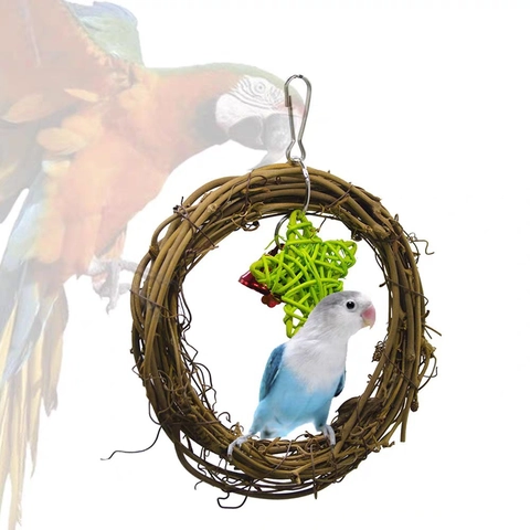 Gioco per Pappagalli in Rattan Naturale Intrecciato Con Stella Verde e Campanelli in Metallo Altalena Sospesa Natalizia