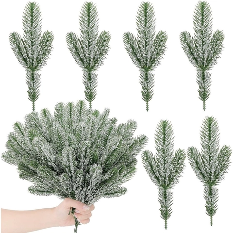 Artificial Christmas Pine Needles Triple Branch Faux Snow Flocking For Winter Home Decor Festive DIY Garland Ornaments