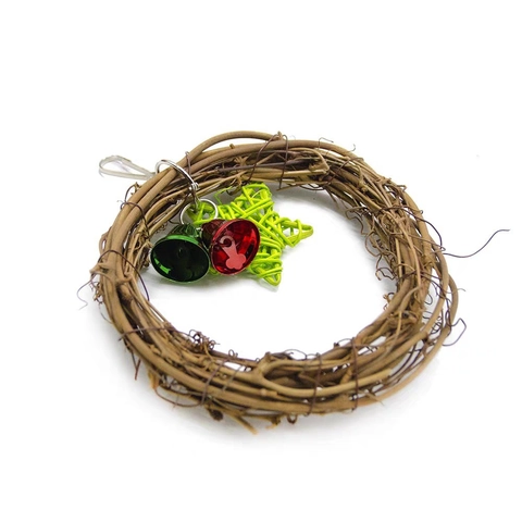 Natural Rattan Woven Parrot Bird Toy With Green Star And Metal Bells Christmas Hanging Swing For Cage Chewing Exercising